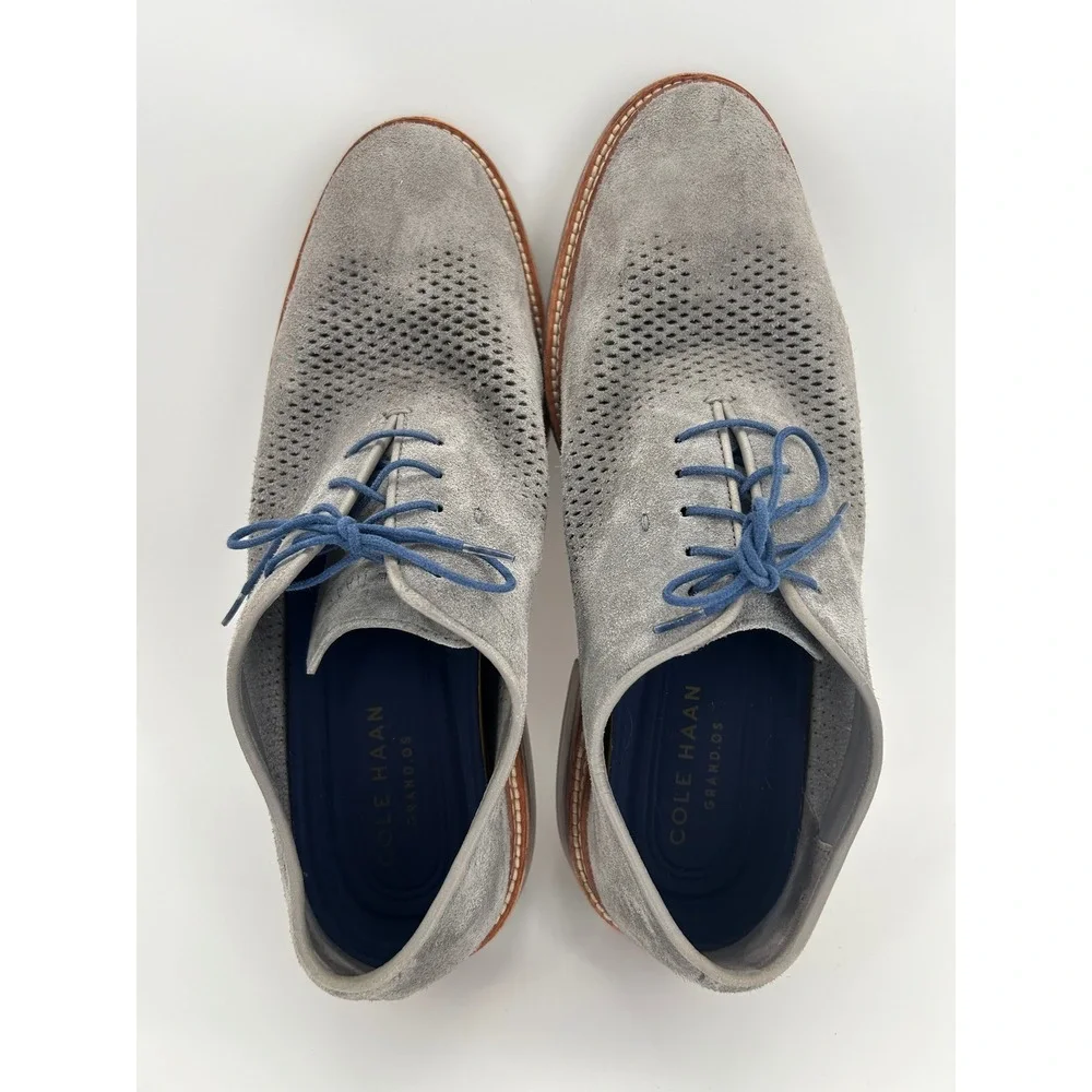 Cole Haan Grand.ØS Gray Suede Perforated Oxford Dress Shoes Men's 10.5M